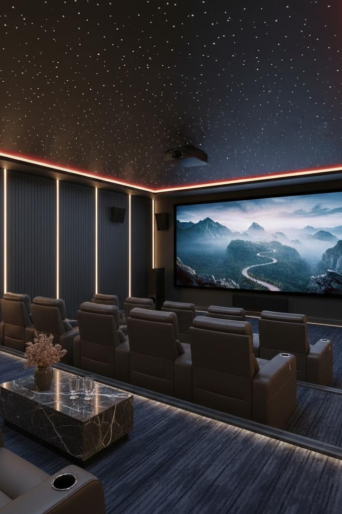Luxury home theater with tiered seating, large screen, and starry ceiling lighting