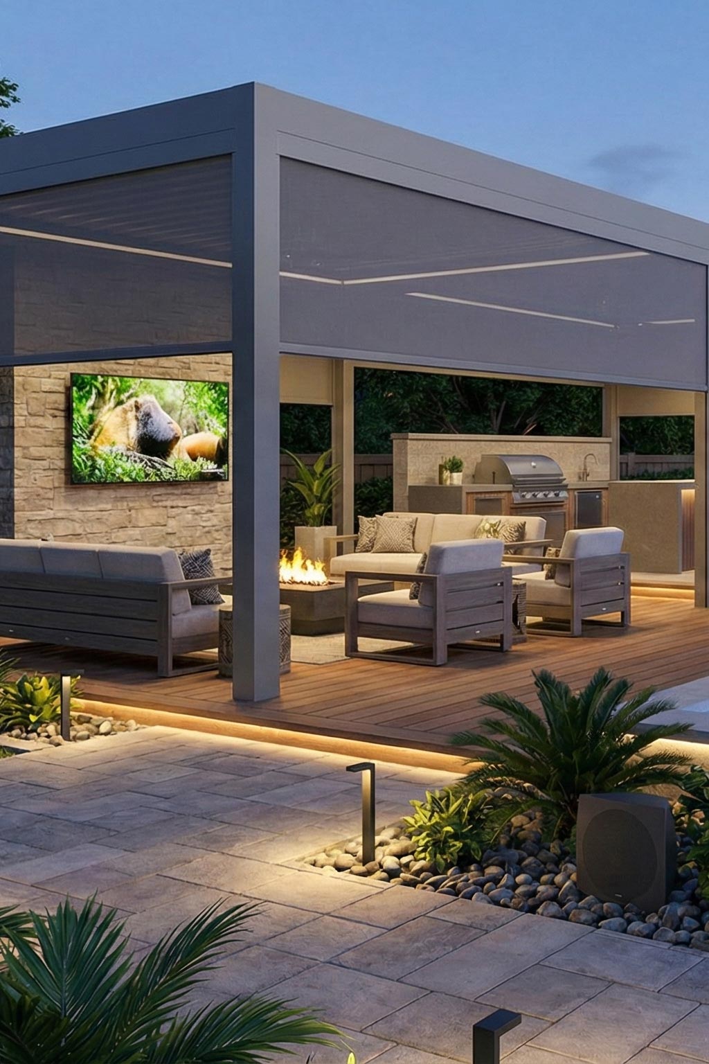 Covered outdoor living space with seating, fire feature, and mounted tv
