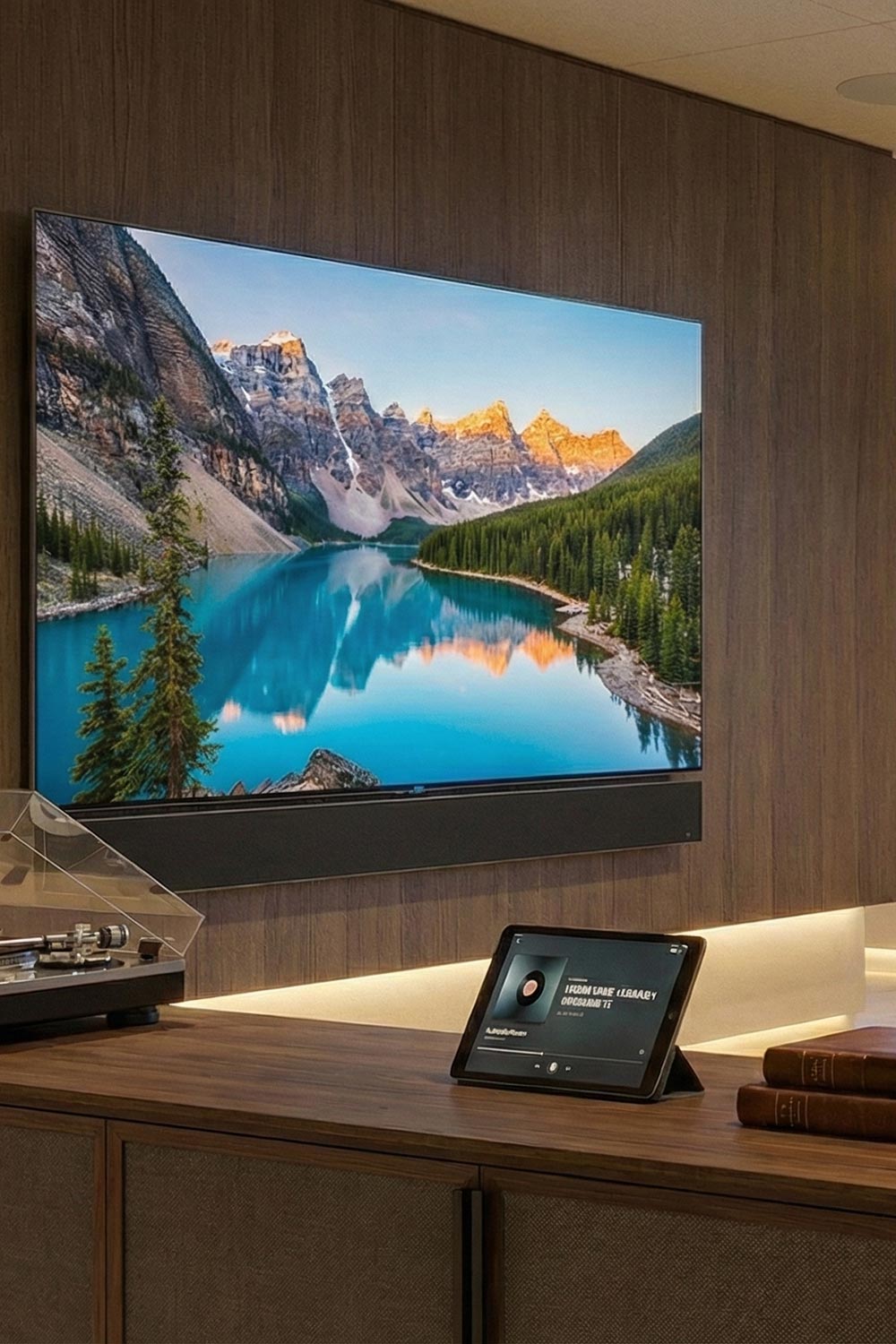 Wall mounted television above media cabinet with tablet controlling audio playback