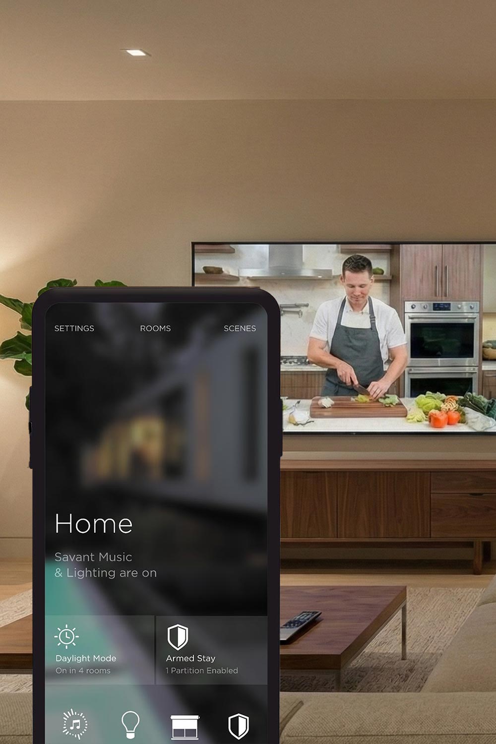 Tablet interface showing home control dashboard in a modern living space