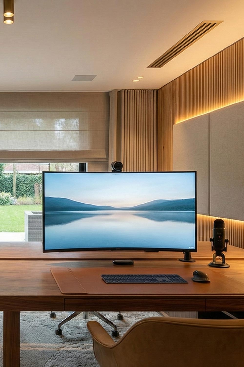 Modern home office with large monitor, desk setup, and built in lighting