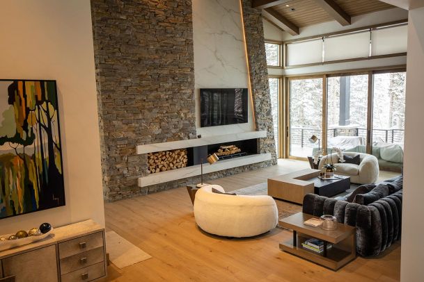 Overhead view of a luxury great room with stone fireplace
