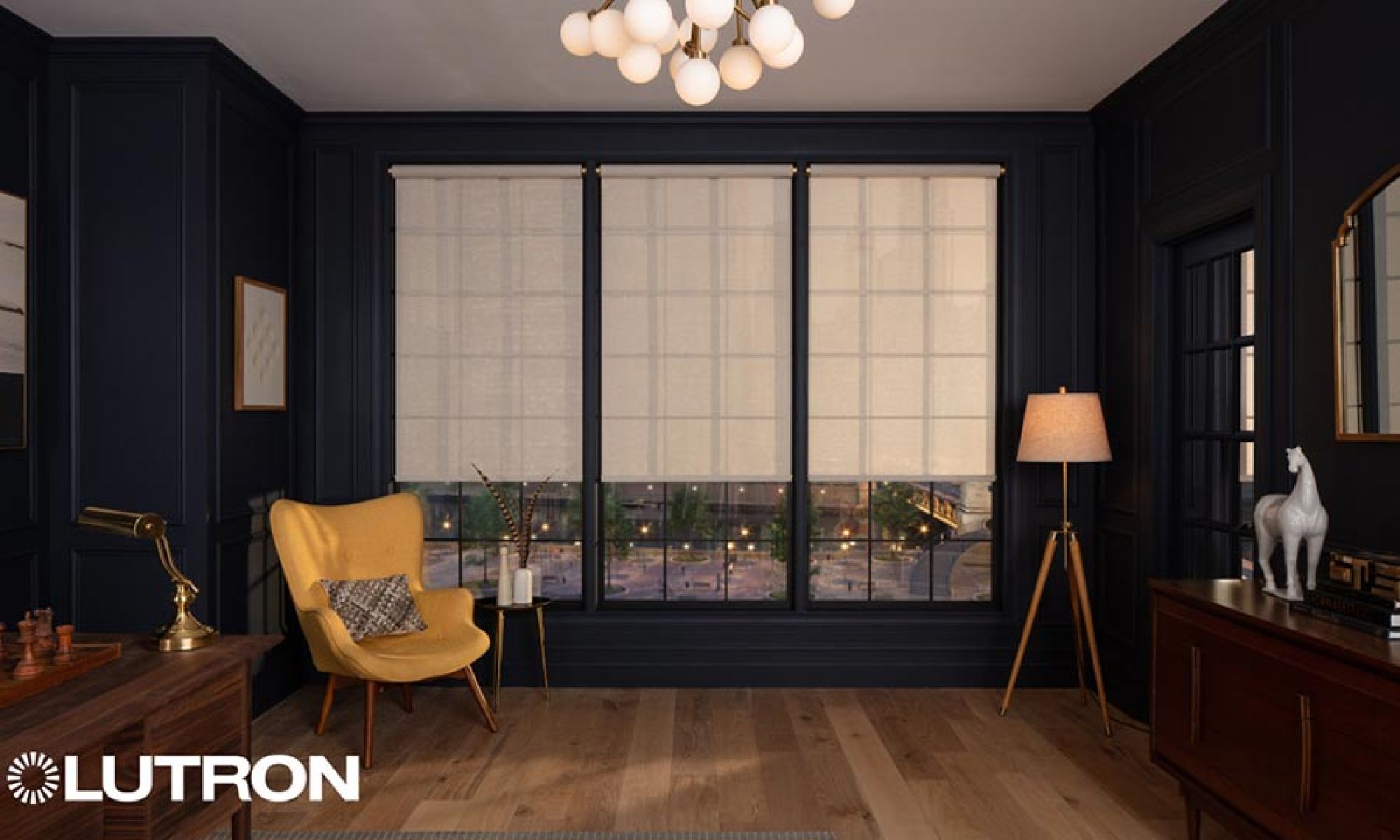 Living room with automated window shades and soft interior lighting
