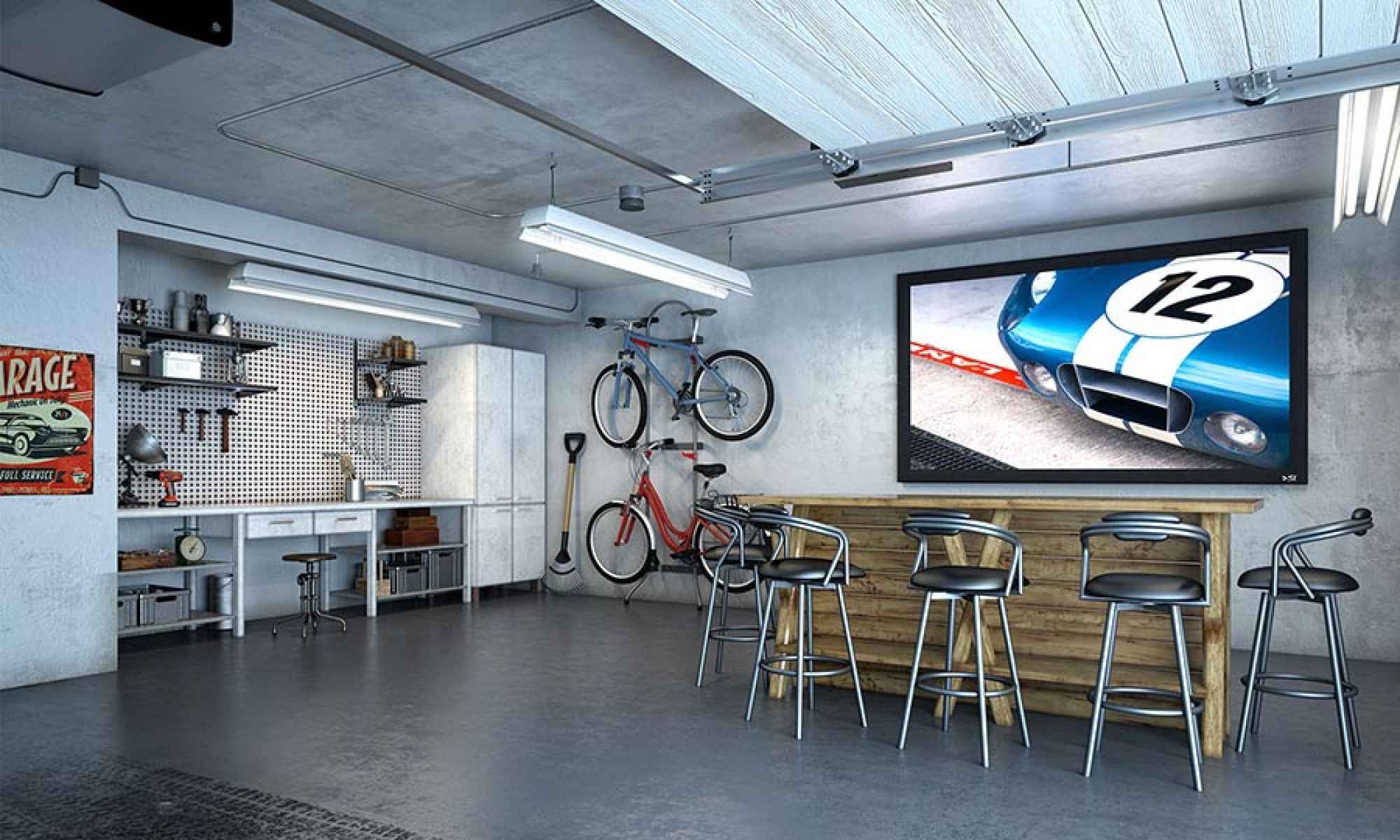 Garage entertainment space with wall mounted display and bar seating