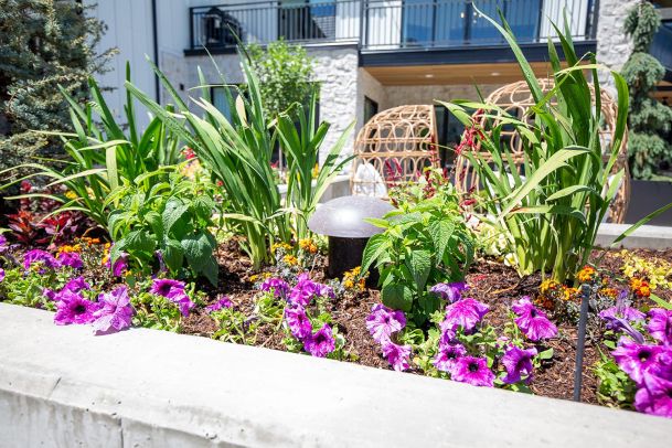 Small mushroom shaped landscape speaker in a flower bed