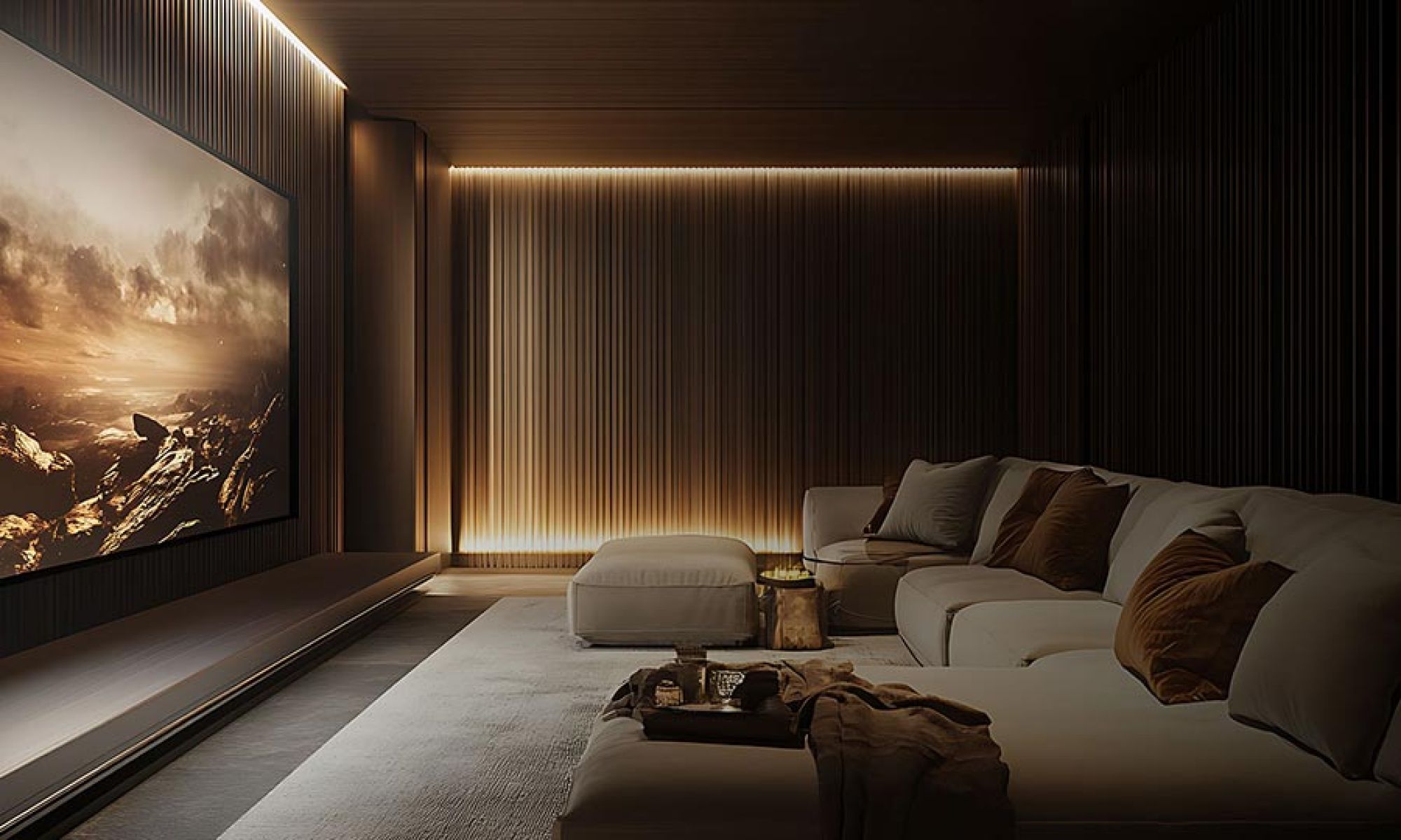 Modern home theater with large wall display, low seating, and ambient recessed lighting