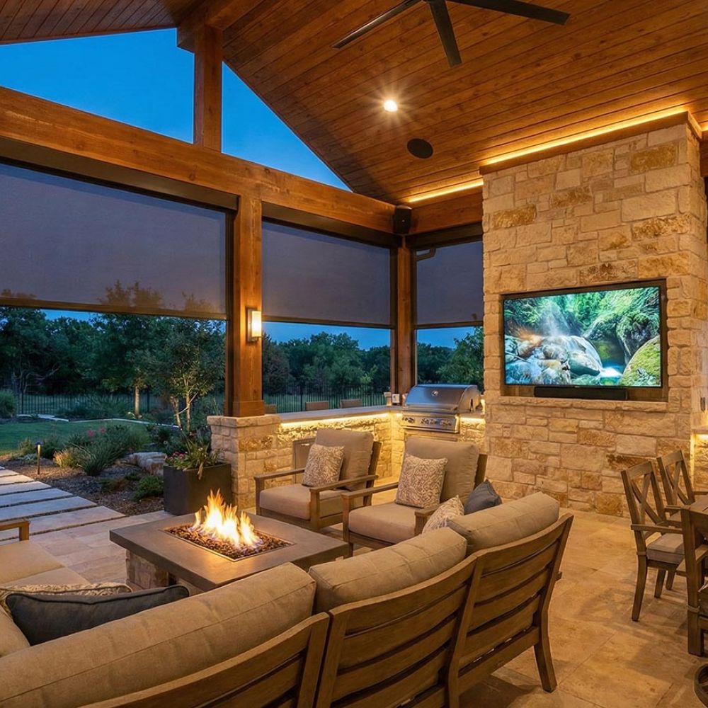 Covered outdoor patio with seating, fire pit, tv, and built in grill