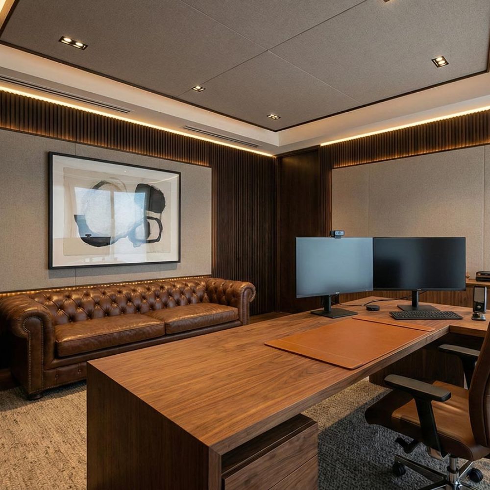 Home office with wood finishes, acoustic panels, and dual monitors