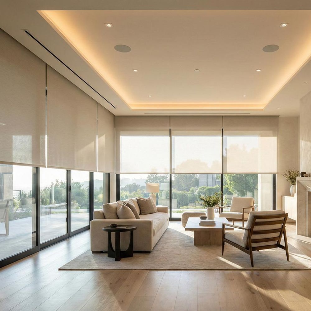 Living room and kitchen with warm lighting and floor to ceiling windows