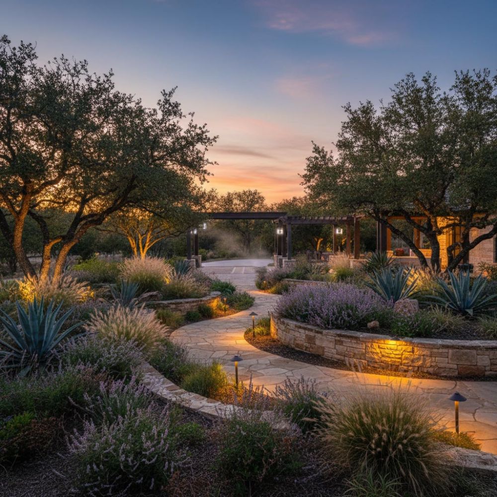 Landscaped garden path with stone walkways and low level outdoor lighting