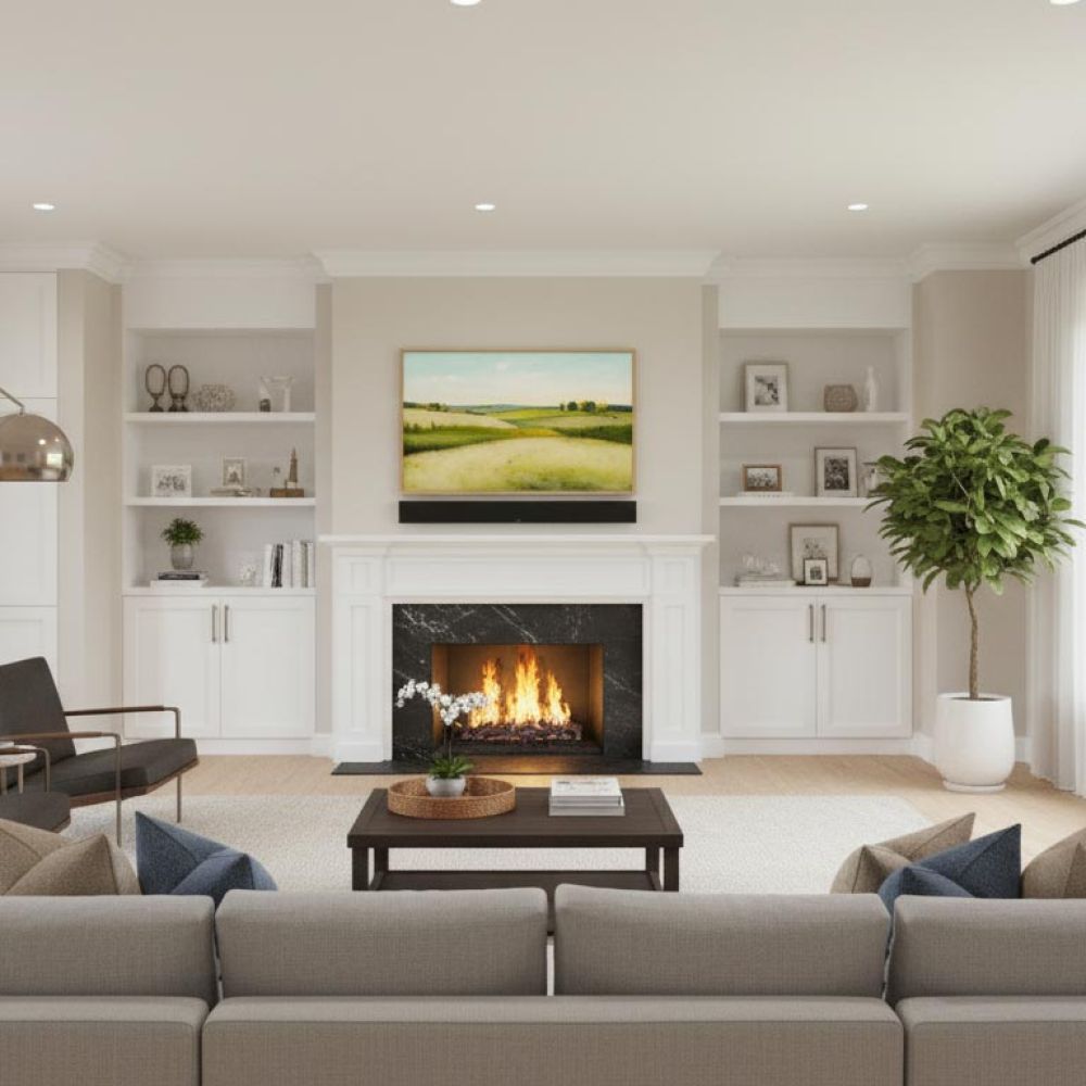 Bright living room with fireplace, built in shelving, and large windows