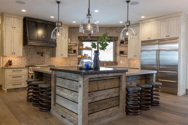 Industrial farmhouse kitchen with brick backsplash
