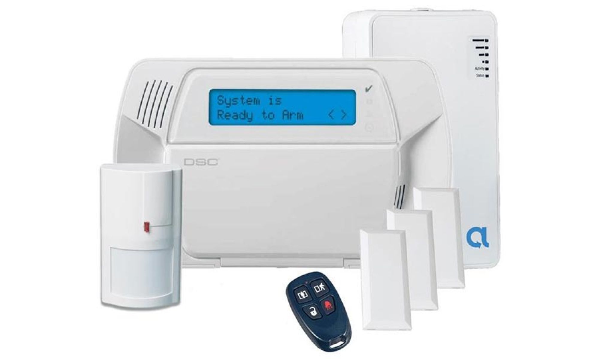 Home security keypad with motion sensor, control panel, and key fob on white background