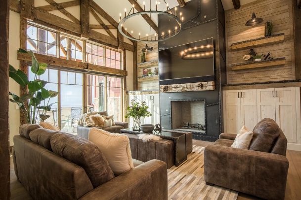 Rustic living room with industrial metal fireplace surround