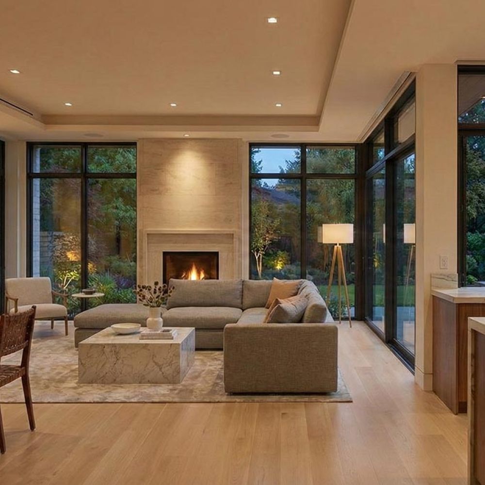 Exterior view of modern home at night with landscape lighting